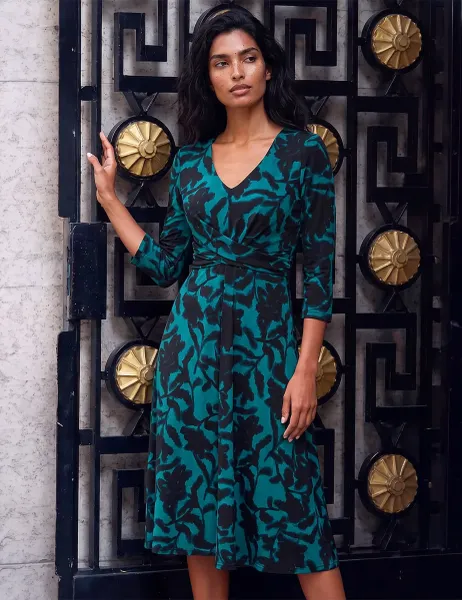 Roman Floral Print V Neck Wrap Midi Dress Teal
