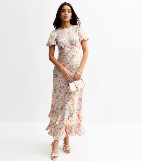 Women's Cream Floral Check Print Satin Maxi Dress