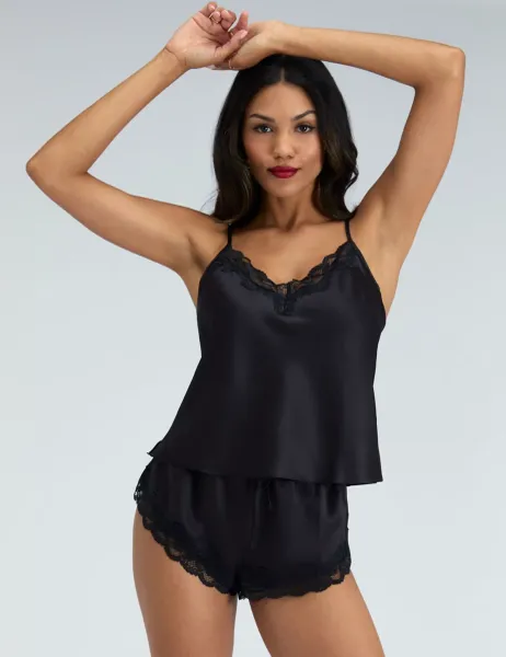 Boux Avenue Amelia Satin Lace Trim Cami Shortie Set Black