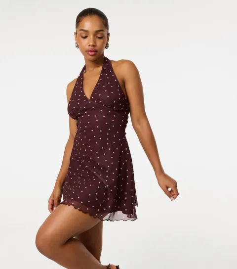 Women's Dark Brown Polka Dot Halter Neck Mini Dress