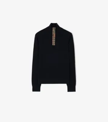 Check Trim Wool Half-zip Sweater in Navy