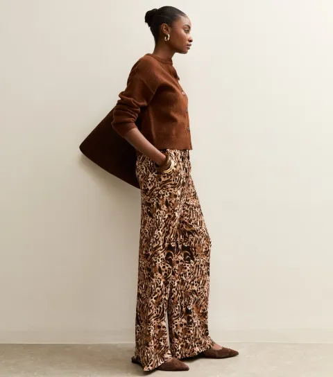 Women's Brown Tiger Print Wide Leg Trousers