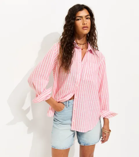 Women's Pink Cotton Rich Striped Long Sleeve Shirt