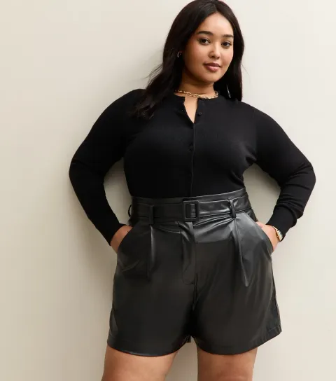 Women's Plus Size Black Faux Leather Belted Shorts Curves