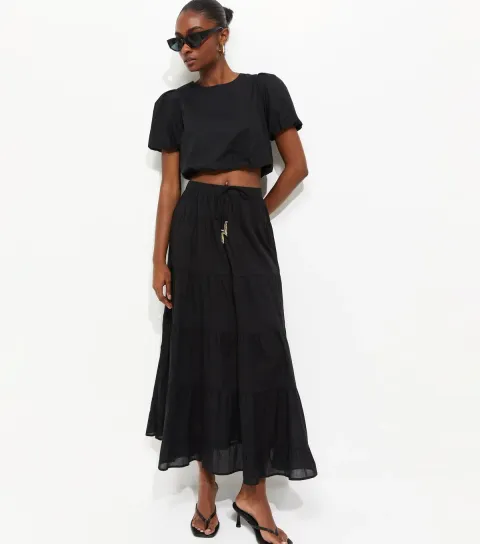 New Look Women's Black Tiered Midi Skirt