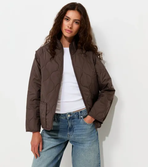 Women's Dark Brown Quilted High Neck Jacket