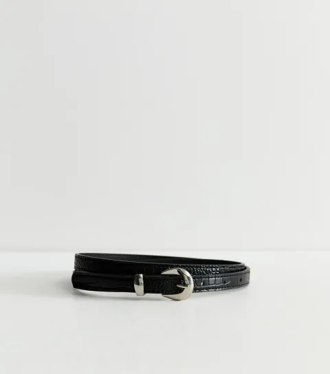 Black Faux Leather Croc Embossed Skinny Belt