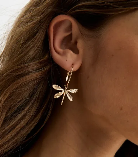 Gold Tone Dragonfly Drop Hoop Earrings