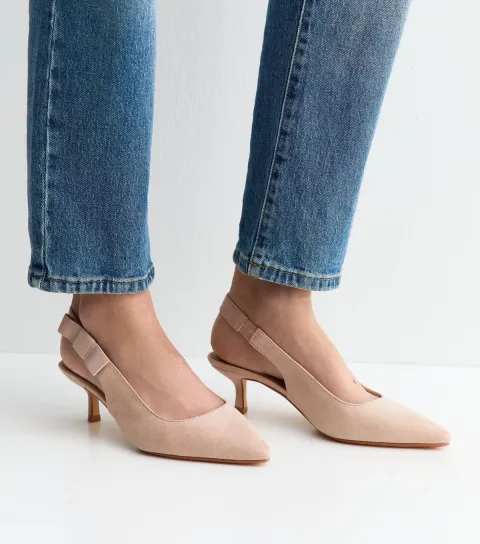 Women's Wide Fit Pink Faux Suede Kitten Heel Slingback Court Shoes Vegan