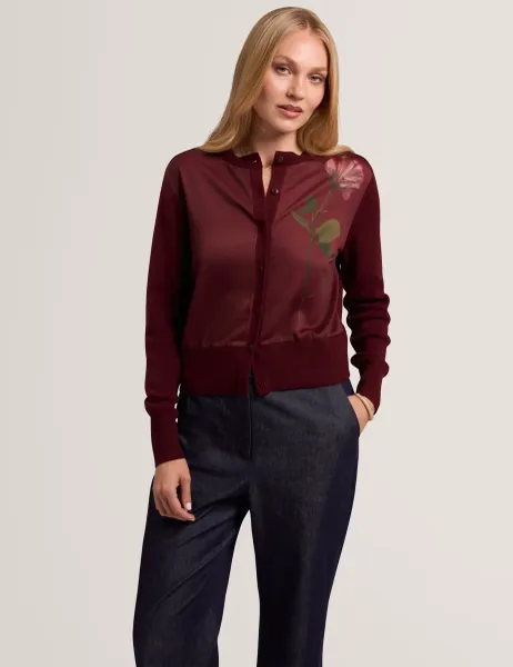 Ted Baker Cotton Rich Floral Button Through Cardigan Burgundy