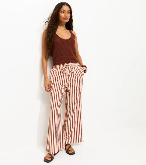 Women's Petite Red Striped Drawstring Wide Leg Trousers