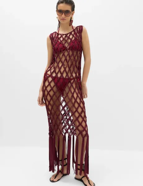 Marks & Spencer Macrame Sheer Maxi Beach Dress Dark Red