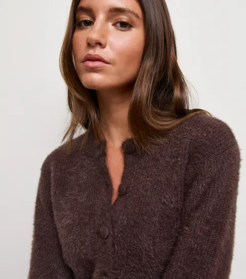 Women's Dark Brown Covered Button Crew Neck Cardigan