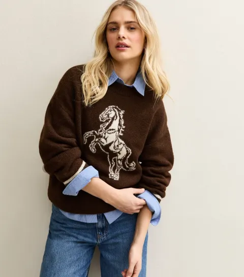 Women's Brown Horse Design Crew Neck Jumper