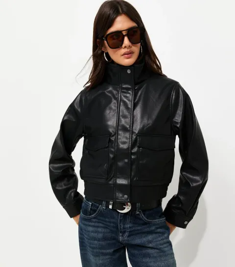 Women's Black Faux Leather Flap Pocket Funnel Neck Jacket