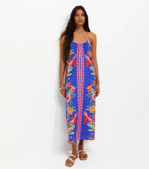 Women's Blue Parrot Print Crepe Cami Midi Dress