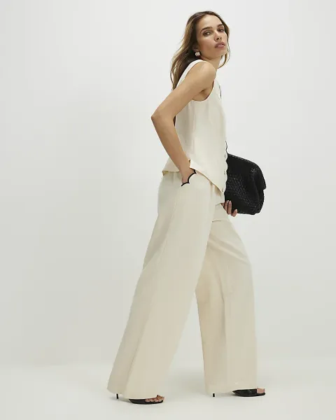 River Island Linen Blend Scallop Wide Leg Trousers