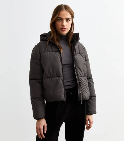 New Look Women's Grey Cropped Puffer Coat