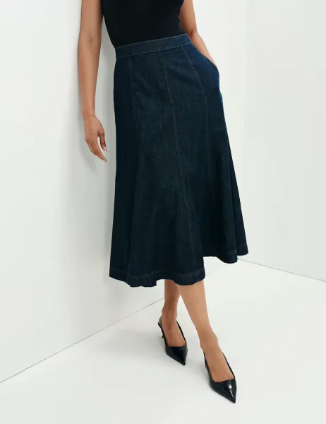 Finery London Denim Midi A-Line Skirt Indigo