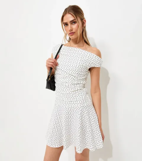 Women's White Cotton Rich Polka Dot Off the Shoulder Mini Dress
