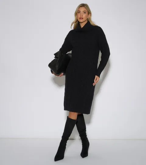 Gini London Women's Black High Neck Cable Knit Midi Dress