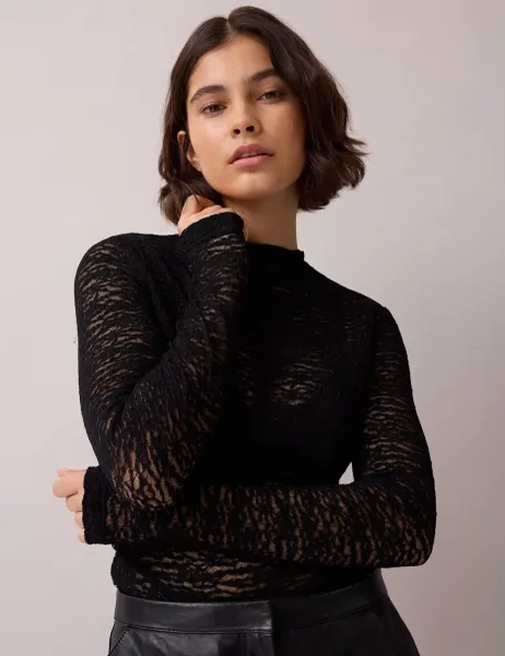 RO&ZO Lace Zip Up Regular Fit Top Black