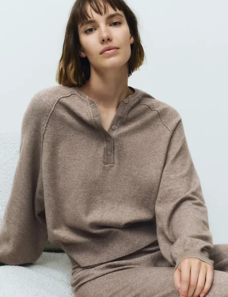 Marks & Spencer Knitted Oversized Henley Lounge Jumper Brown Marl