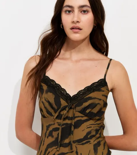 Women's Brown Tiger Print Lace Trim Midi Dress