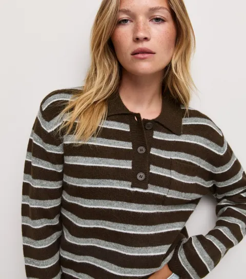 New Look Women's Brown Knitted Striped Patch Pocket Polo Jumper
