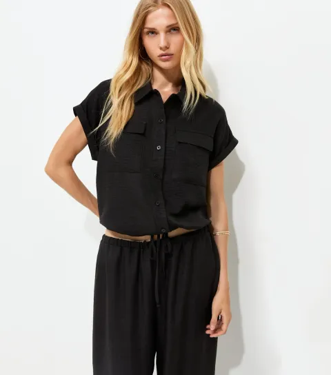 Women's Black Utility Pocket Short Sleeve Shirt