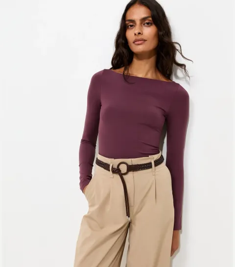 Women's Dark Burgundy Long Sleeve Slash Neck Bodysuit