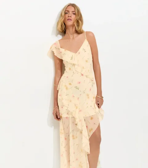 Women's Cream Chiffon Ruffle Trim Floral Midi Dress