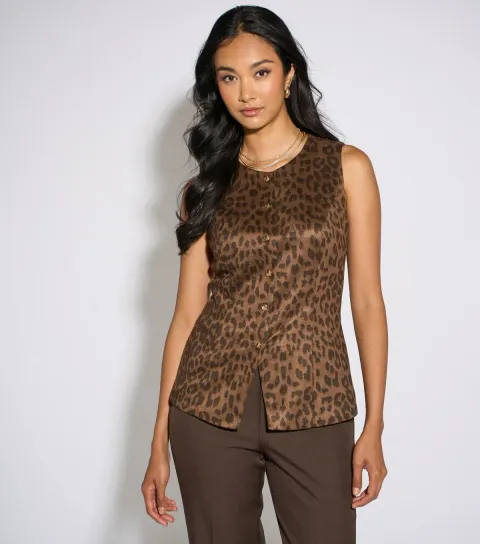 Women's Brown Leopard Print Buttoned Waistcoat Top