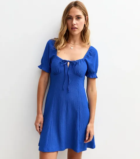 Women's Bright Blue Crinkle Texture Milkmaid Mini Dress