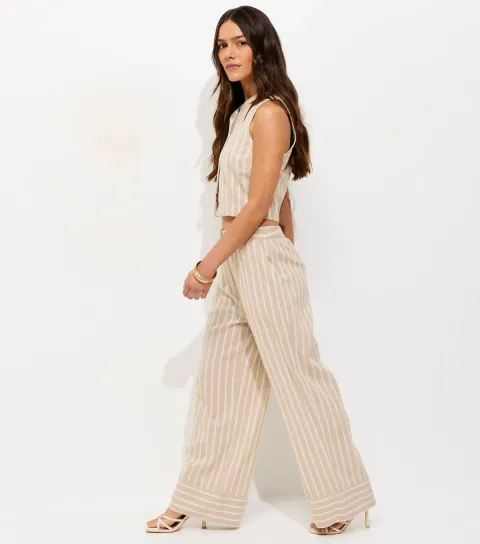 Women's Petite Cream With Linen Striped Wide Leg Trousers