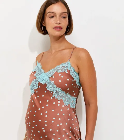 Women's Maternity Brown Spot Print Lace Trim Midi Dress
