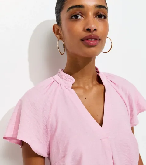 Women's Light Pink Crinkled Flutter Sleeve Blouse