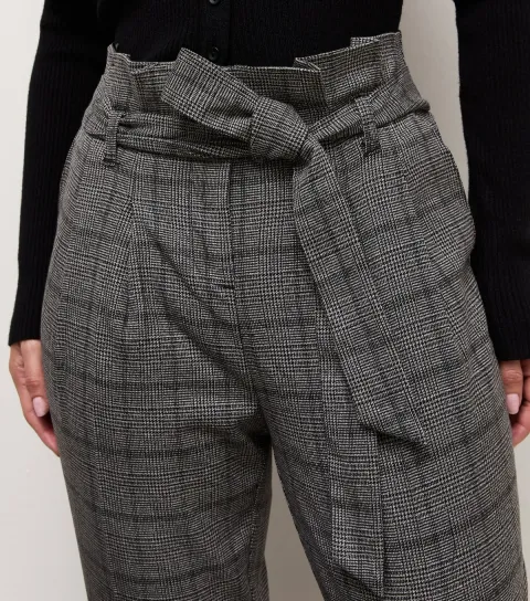 Women's Petite Dark Grey Check Paperbag Trousers