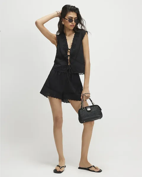 River Island Black Embroidered Shorts