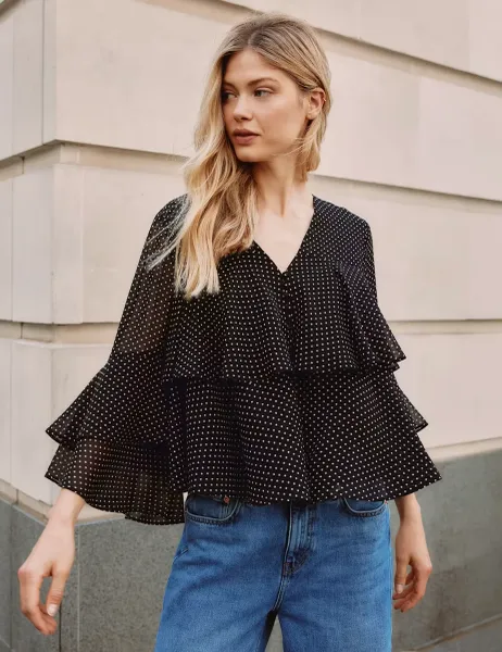 Chiffon Polka Dot Ruffle Top Black Mix