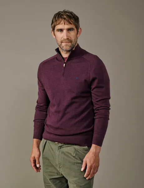 Aubin Pure Merino Wool Herringbone Half Zip Jumper Dark Burgundy