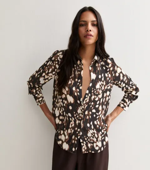 New Look Women's Black Animal Print Long Sleeve Shirt