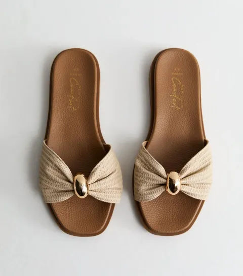 Women's Wide Fit Cream Faux Leather Ring Mule Sandals Vegan