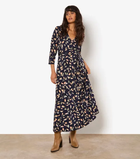 Women's Navy Leaf Print Maxi Dress