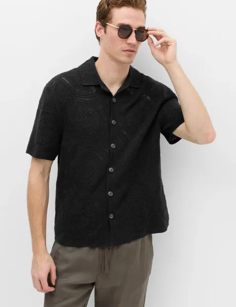 Marks & Spencer Cotton Rich Button Through Knitted Polo Shirt Black Mix