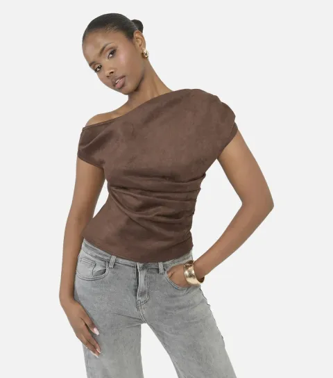 Public Desire Women's Dark Brown Faux Suede Ruched Top
