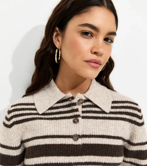 Women's Brown Multi Striped Ribbed Short Sleeve Polo Top