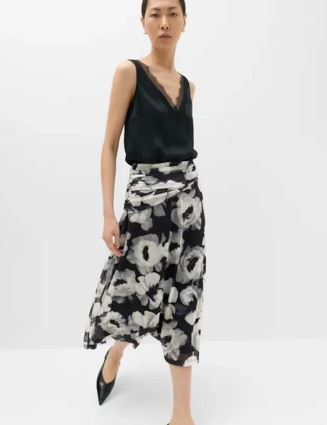 Marks & Spencer Mesh Floral Ruched Midi Skirt Black Mix