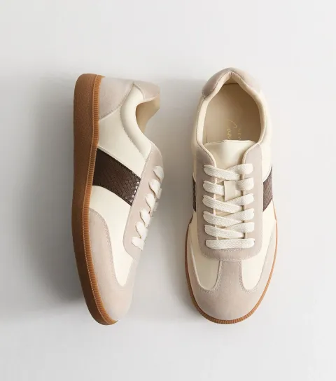 Women's Brown Faux Leather Snake Embossed Panel Trainers Vegan