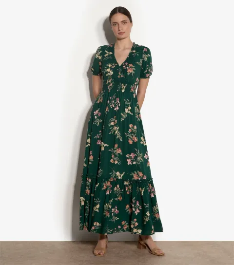 Women's Green Watercolour Floral Print Maxi Dress